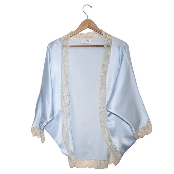 Vintage MARIE ELLYSE Baby Blue Satin & Lace 20s-Style Cocoon Robe - Picture 3 of 9
